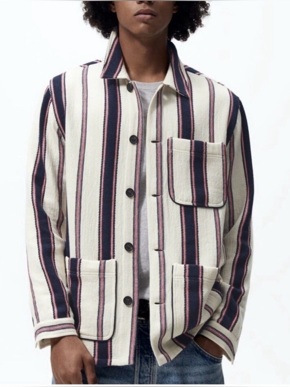 Zara Men’s Striped Textured Oversized Button Down Long Sleeve Shirt Jacket Sz M